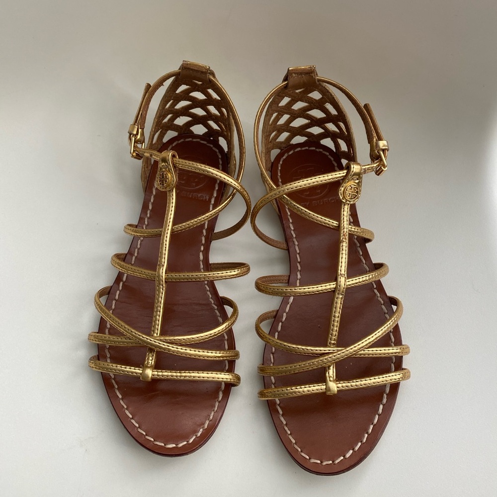 Tory Burch Brooke golden flat sandals leather metallic size 5M